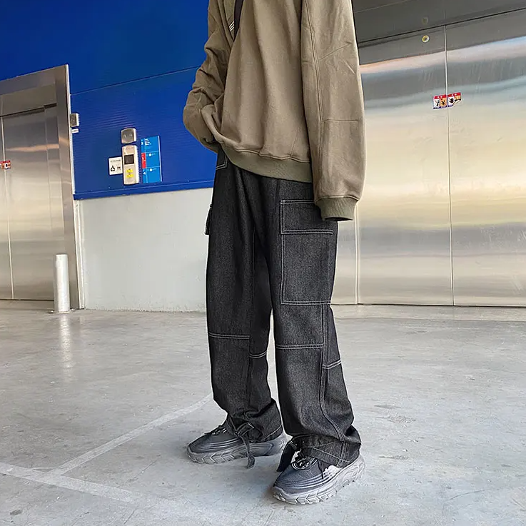 Schwarze Cargo-Jeans mit weitem Bein im Hip-Hop-Stil-Carho Hose - 7