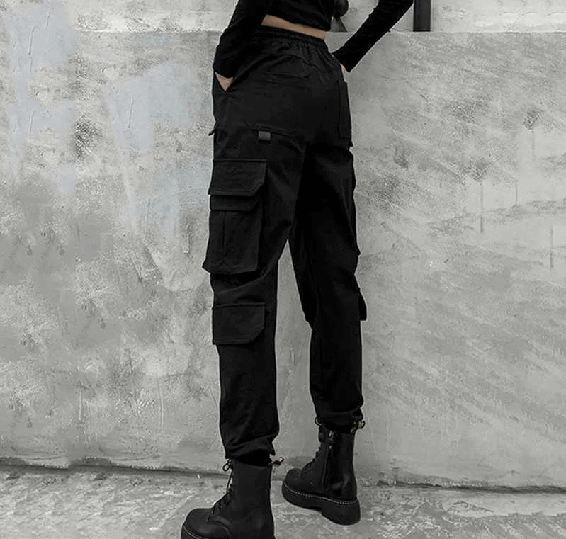 Schwarze Cargohose für Damen: Stylische High Waist mit elastischem Bund-Cago hose - 4